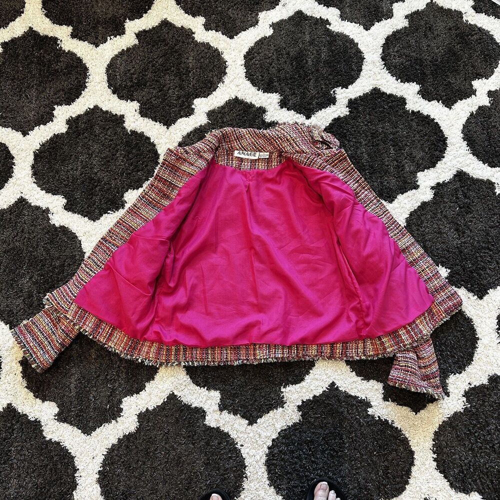 Vintage Anage Pink Colorful Tweed Blazer Jacket Size Large Rainbow Flower Fringe - Picture 14 of 15